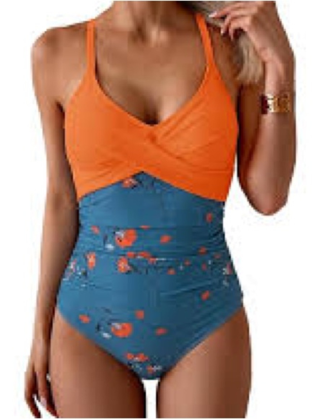 NWT B2PRITY One Piece Swim Large Blue Orange Floral Cross Front Tummy Control